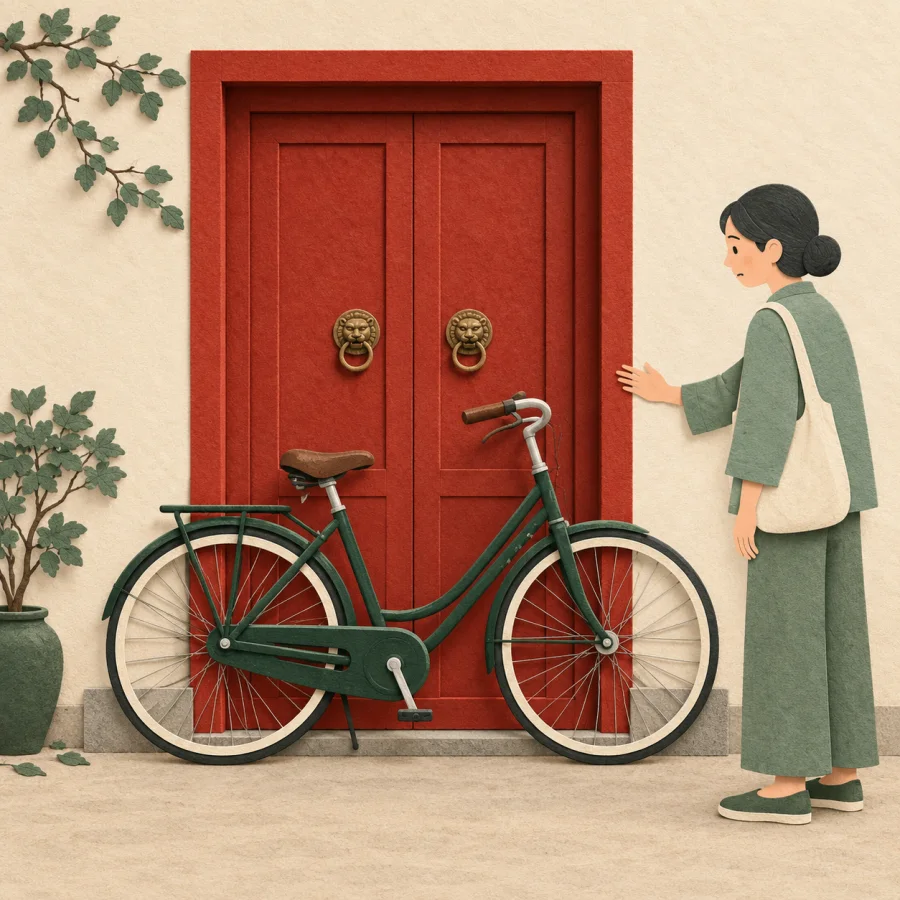 A bicycle by a door blocks a person from entering