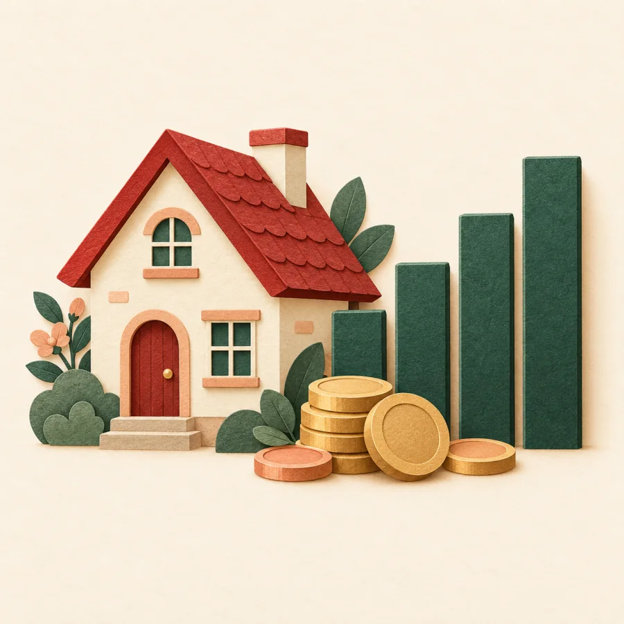 A small house beside a rising bar chart and a pile of coins