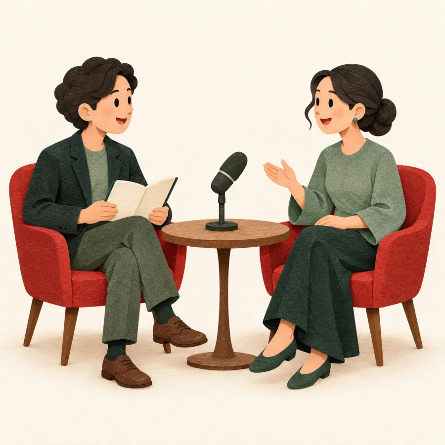 A person with a notebook talks with a guest across a small table