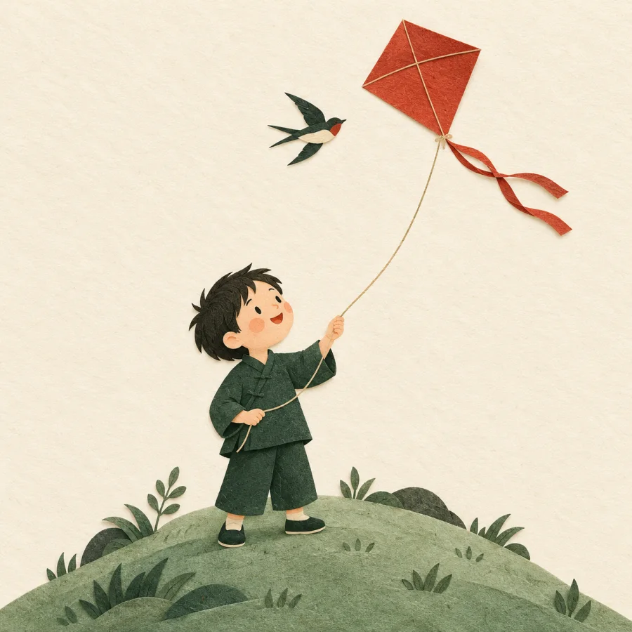 A child sends a red kite up into the sky