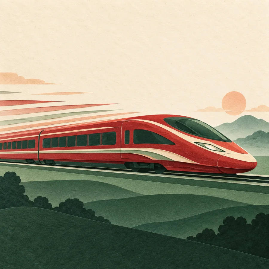 A red bullet train speeds across green hills