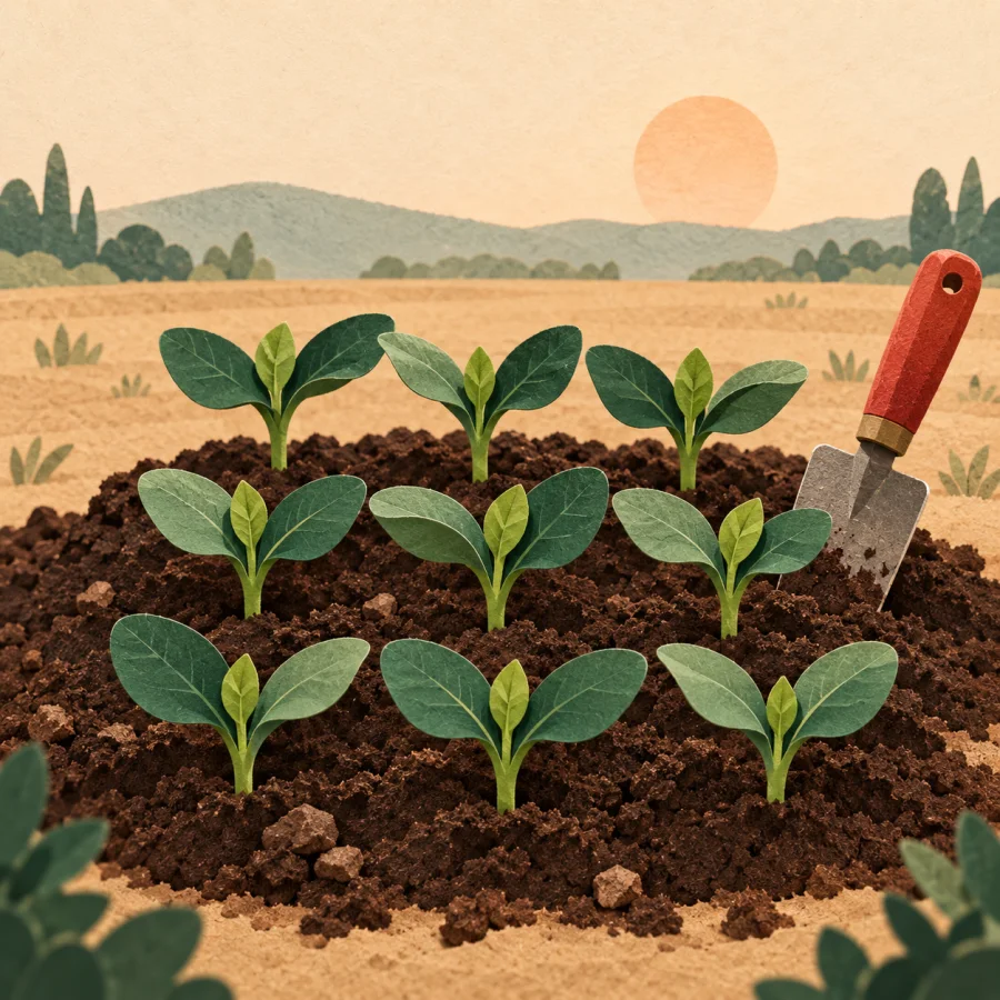 Green sprouts grow from dark, rich soil