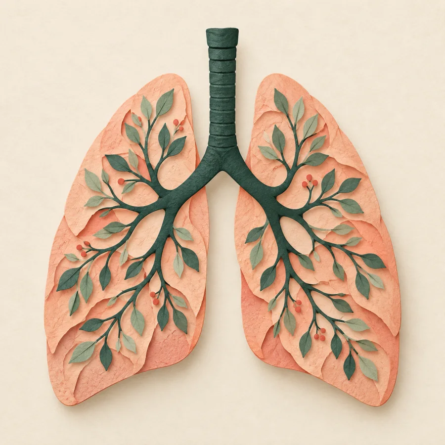 A pair of peach-pink lungs with a green windpipe