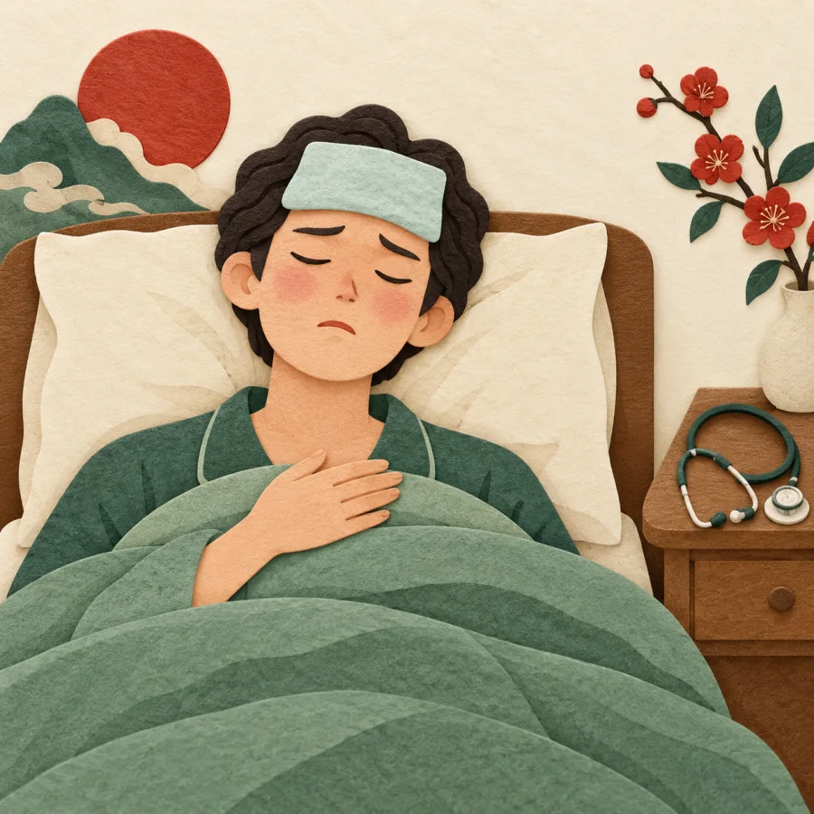 A sick person in bed holds a hand to the chest
