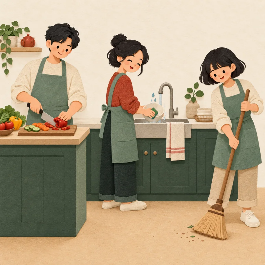 Three people in a kitchen each do a different task