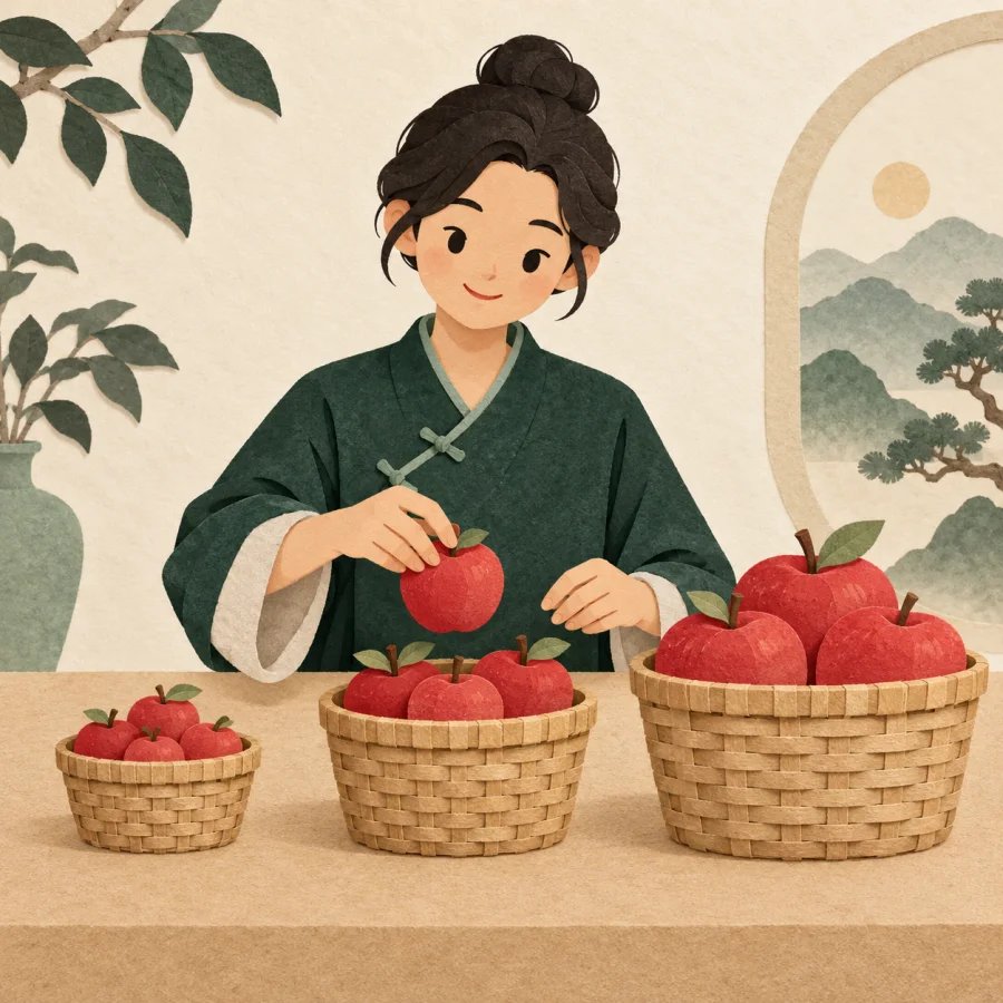 A person sorts apples into three baskets by size