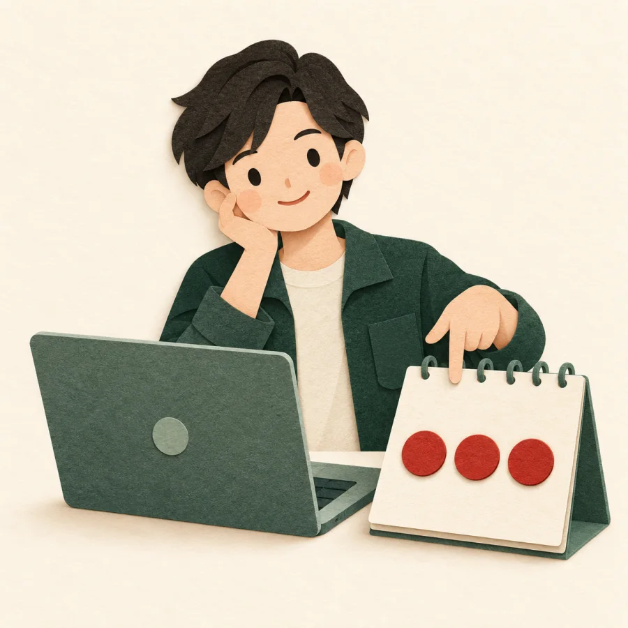 A person beside a laptop with a row of coins on a calendar page