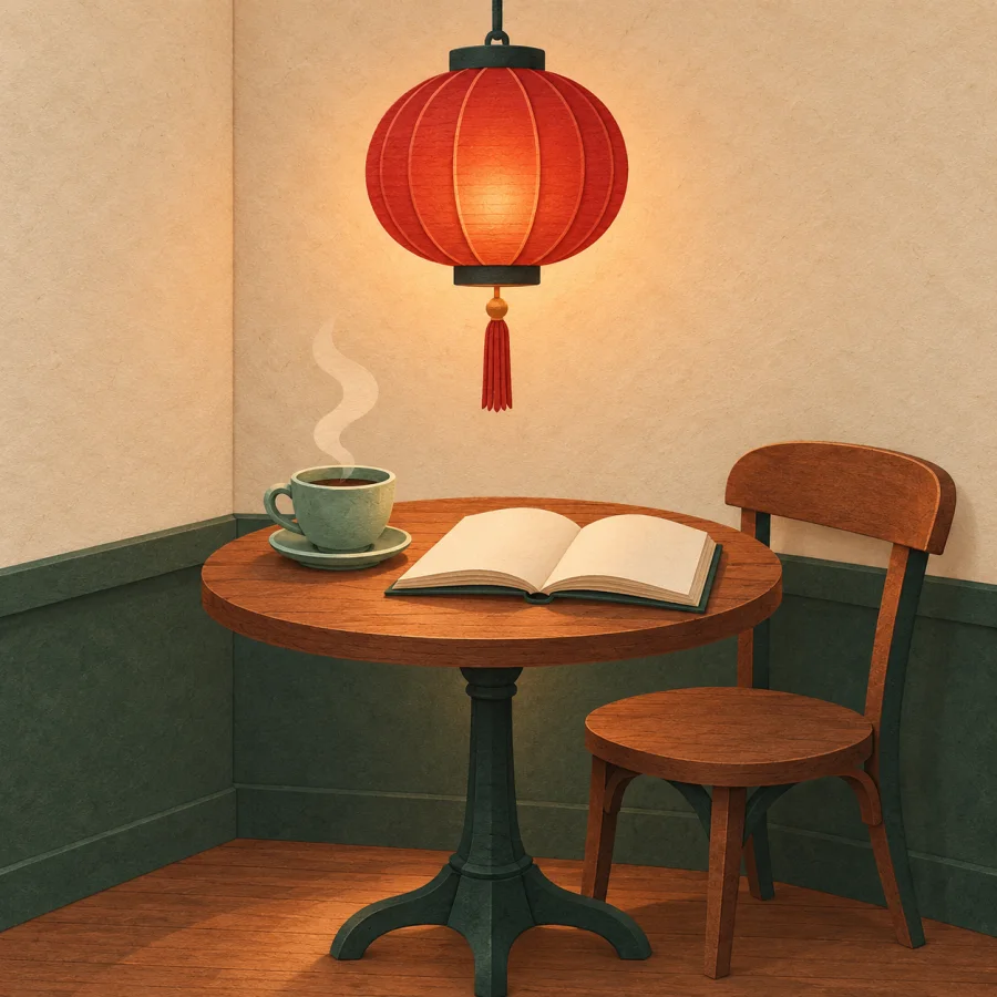 A cozy cafe corner with a warm lantern and a cup