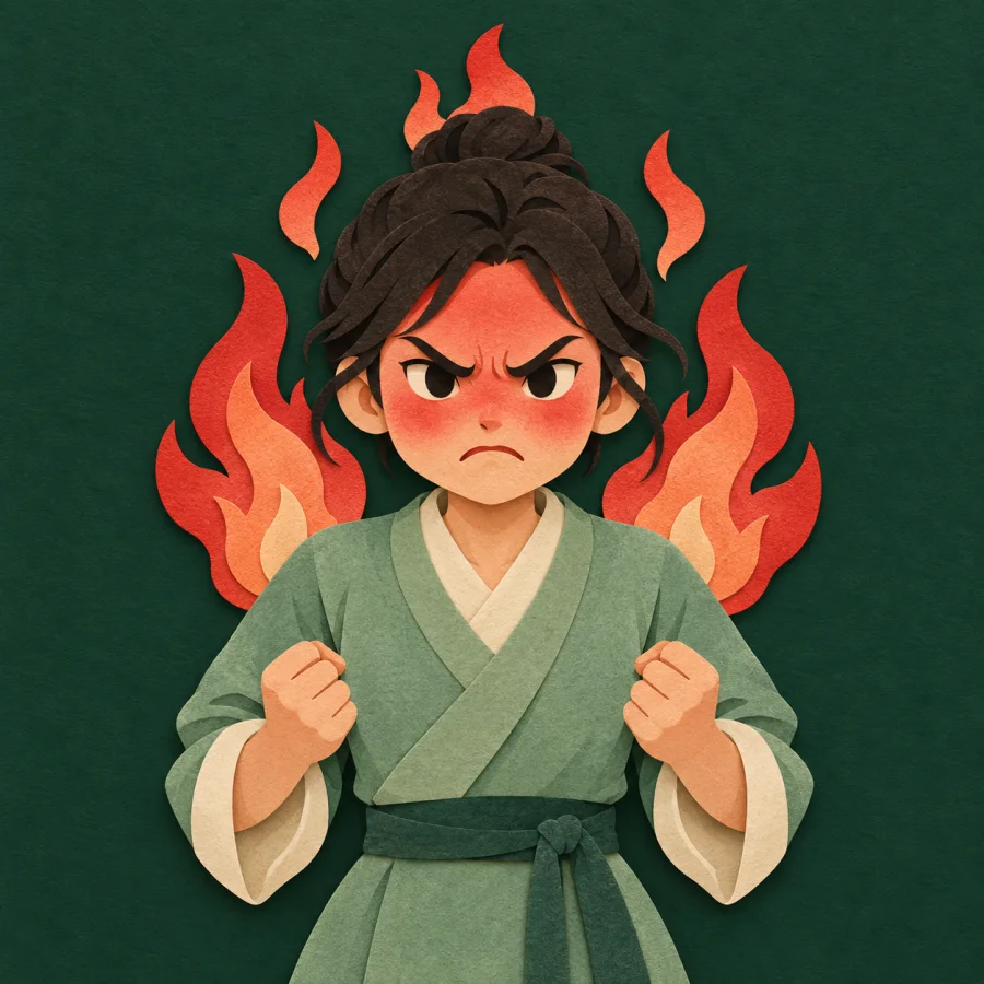 A person with a red face clenches their fists
