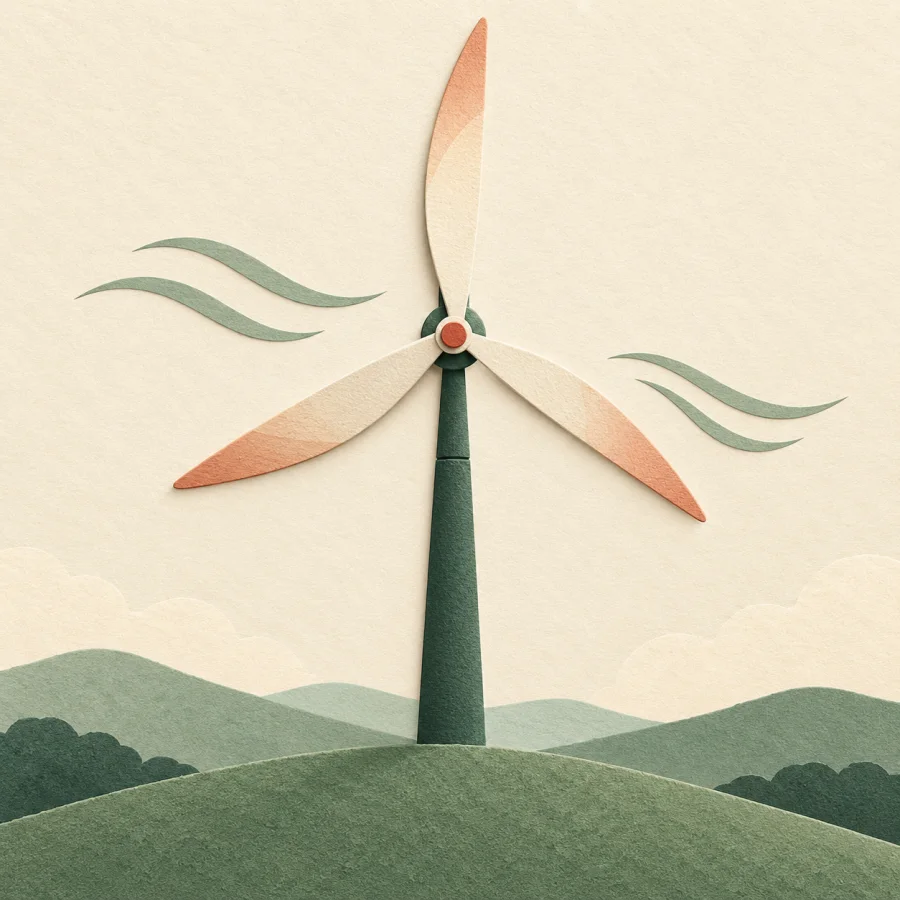 A wind turbine spins its blades on a green hill