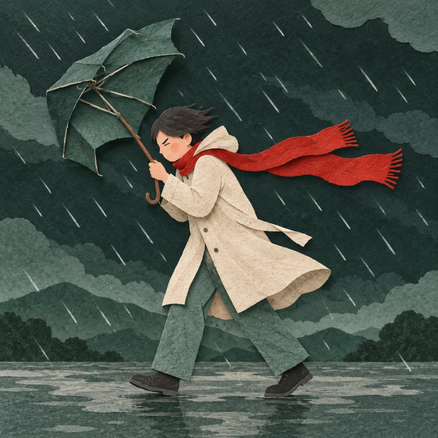 A person walks with an umbrella in strong wind and rain