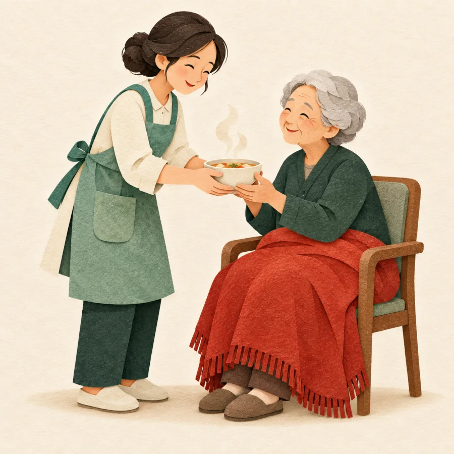 A volunteer serves a bowl of hot soup to an older person