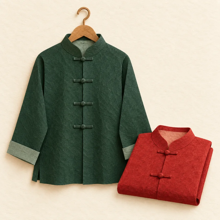 A green tunic on a hanger beside a folded shirt
