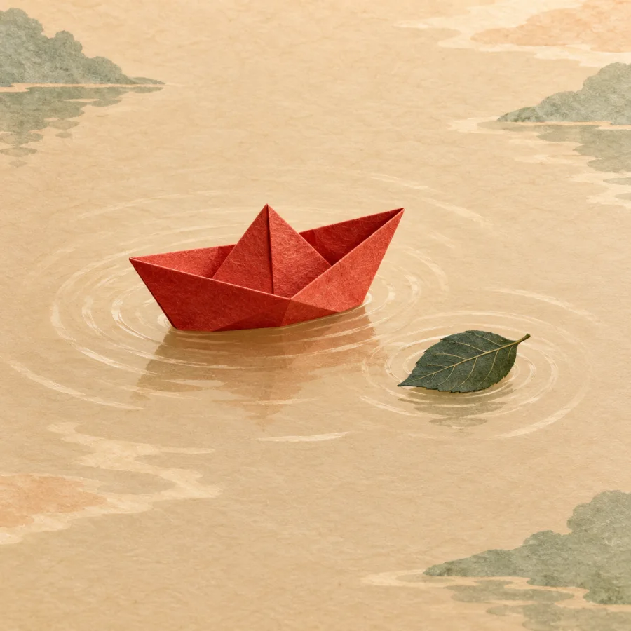 A red paper boat and a leaf float on calm water