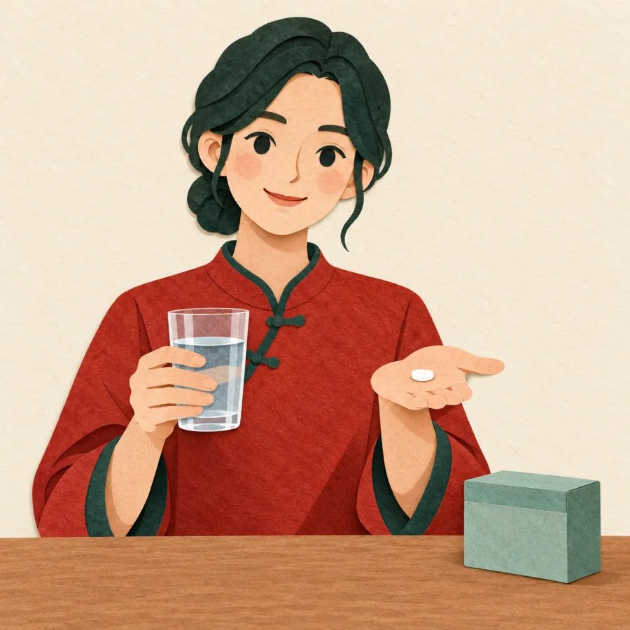 A person holds a pill and a glass of water