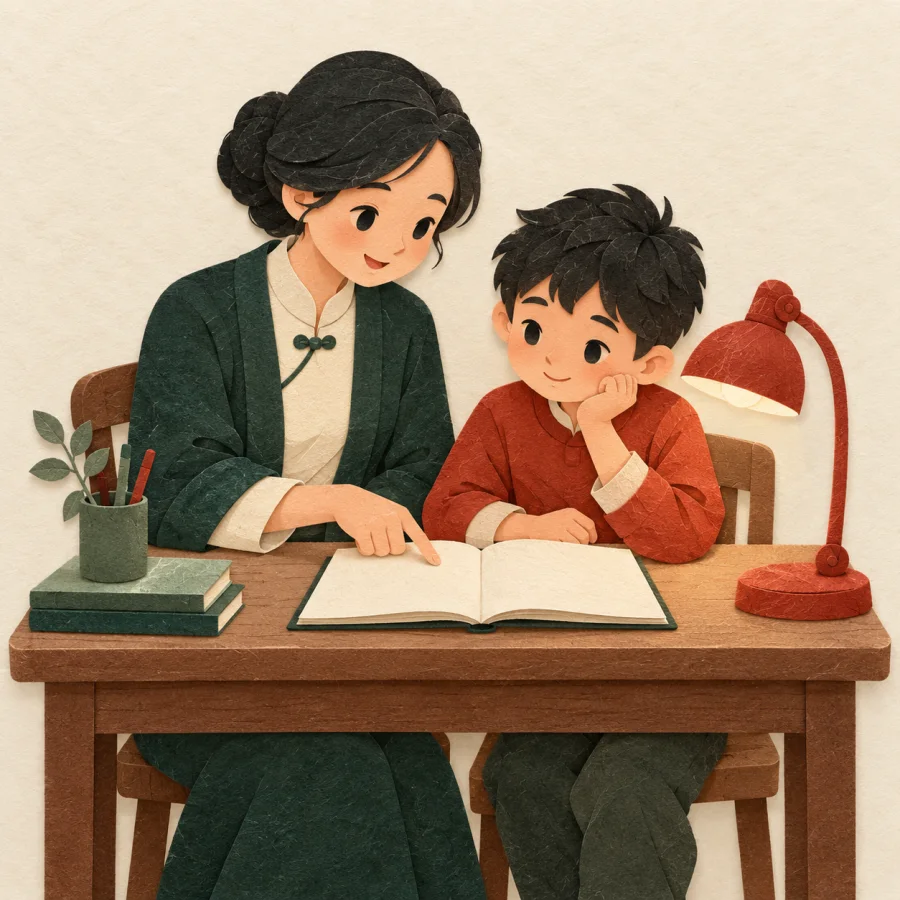 A teacher sits beside a student and points at a notebook