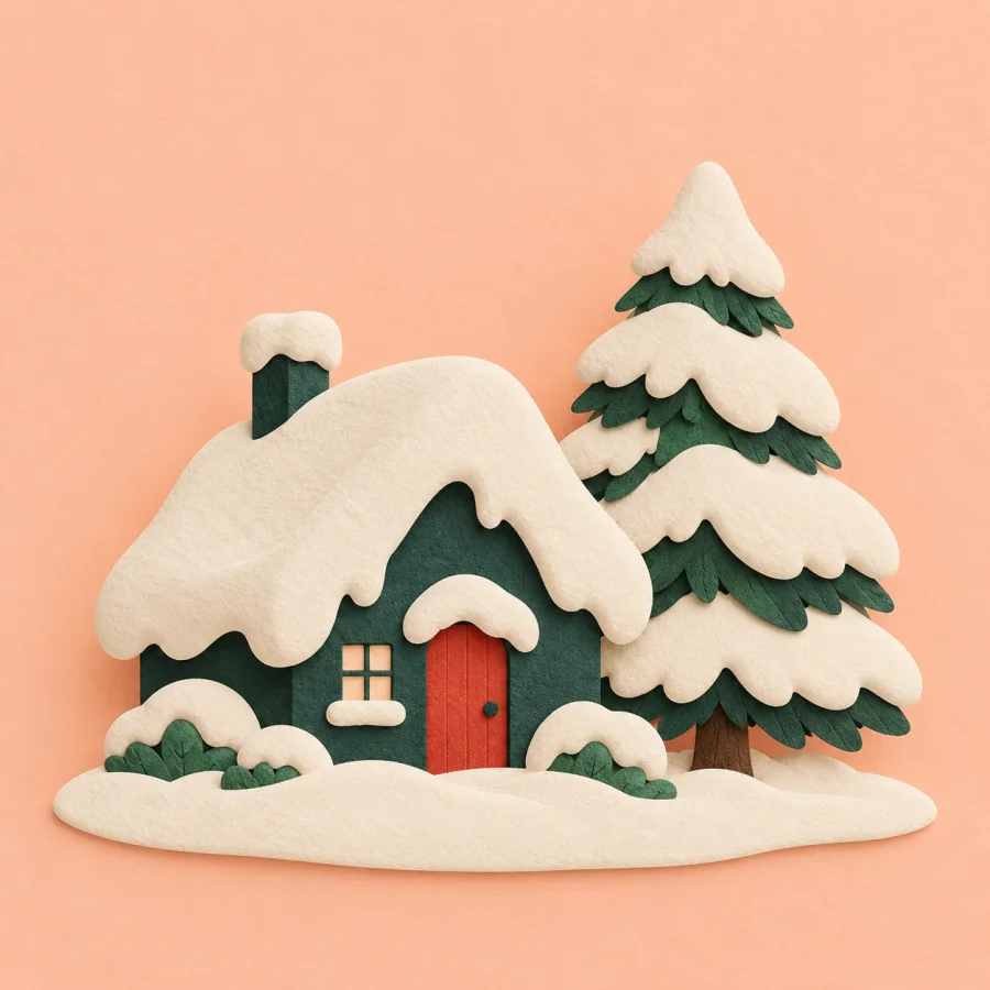 A small house and pine tree under a thick blanket of snow