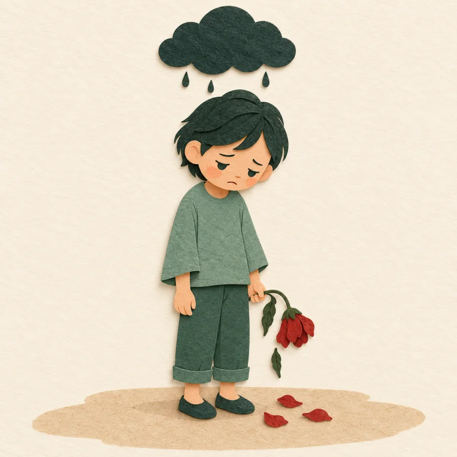 A frowning person under a dark cloud holds a wilted flower