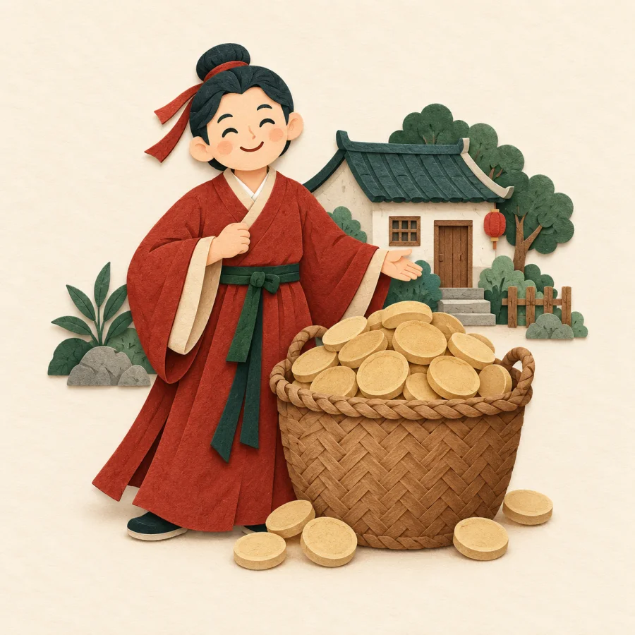 A smiling person stands by a basket full of coins