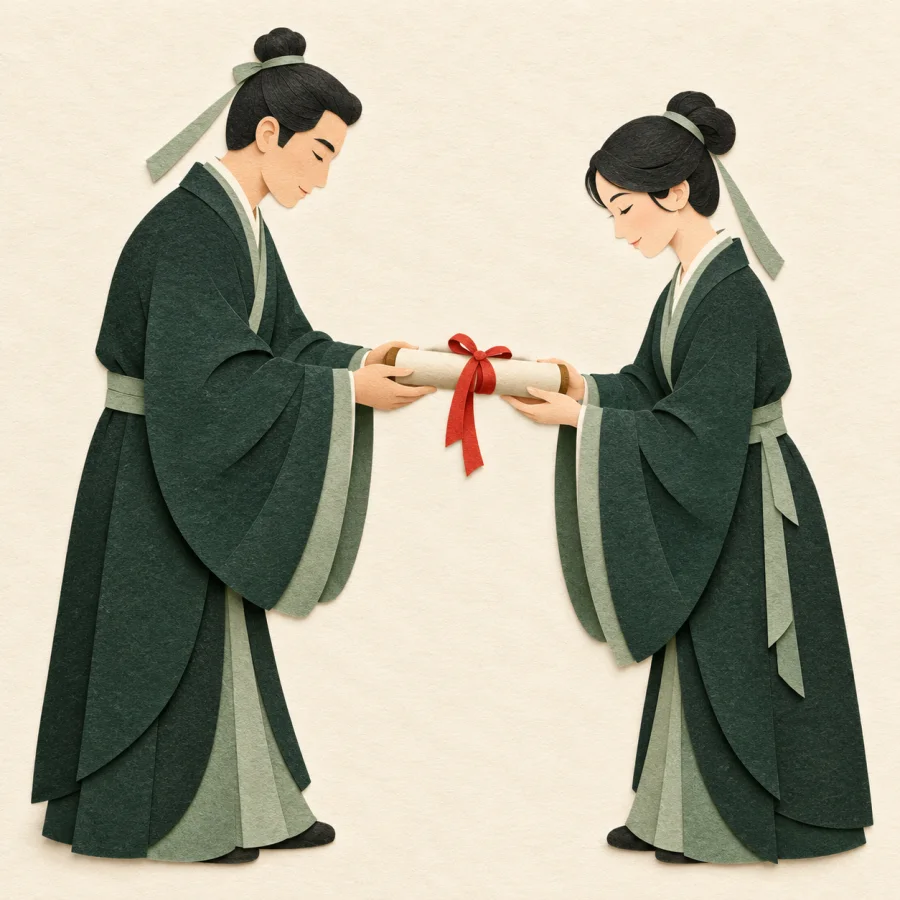 One person solemnly hands a scroll to another