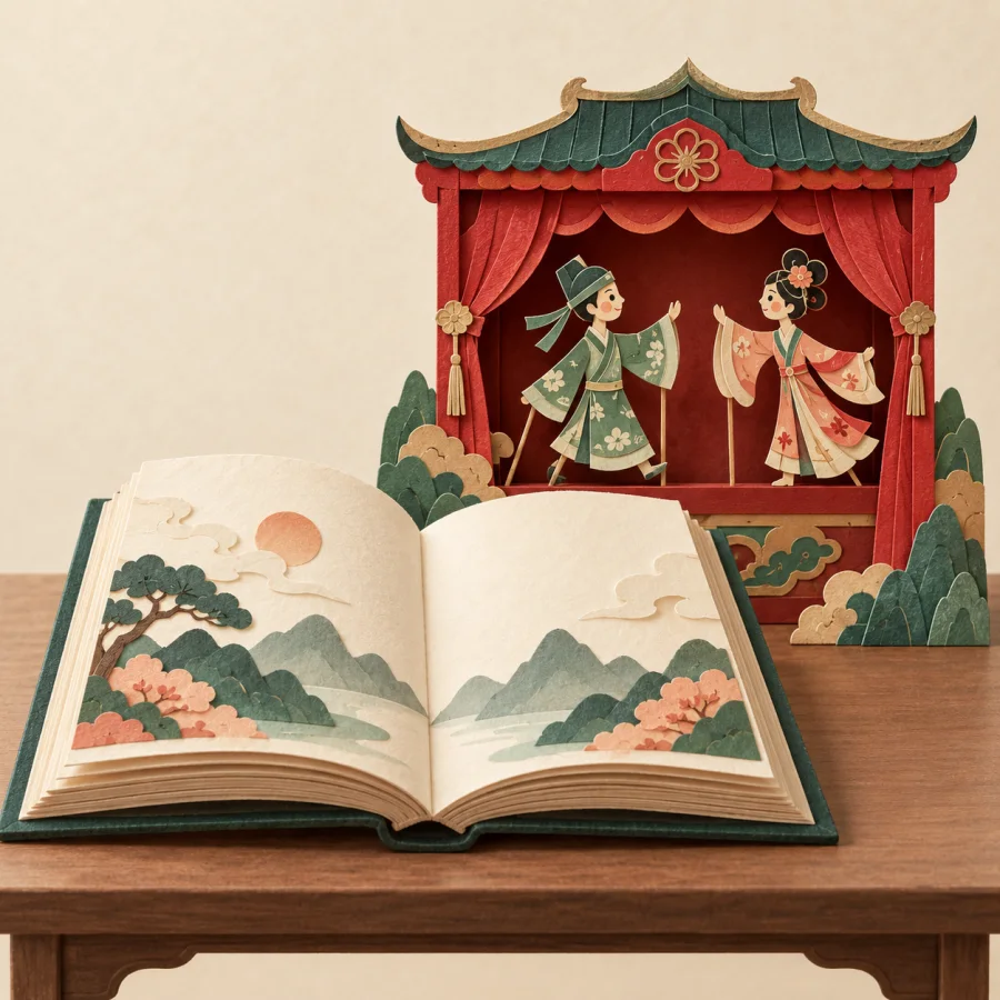 An open storybook beside a tiny paper theater