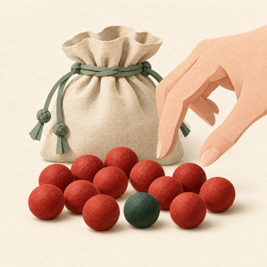 A bag with many red balls and a single green one
