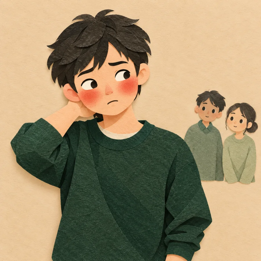 A blushing person rubs the back of their neck, looking sideways