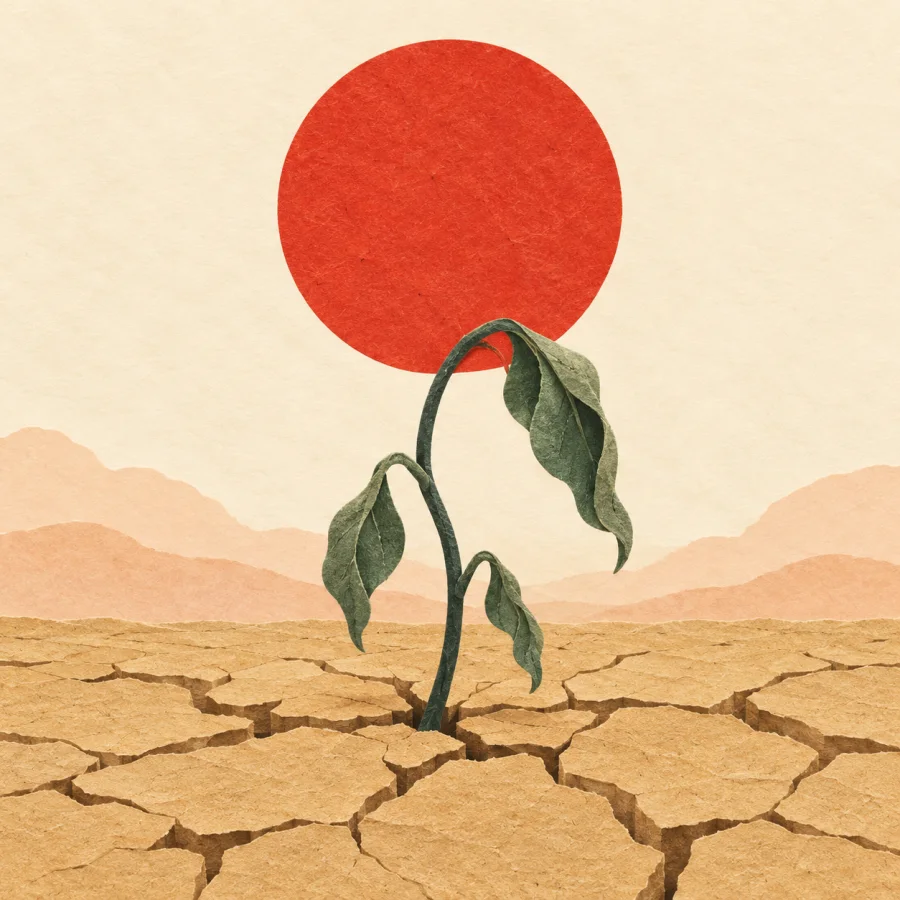 Cracked ground and a wilted plant under a red sun