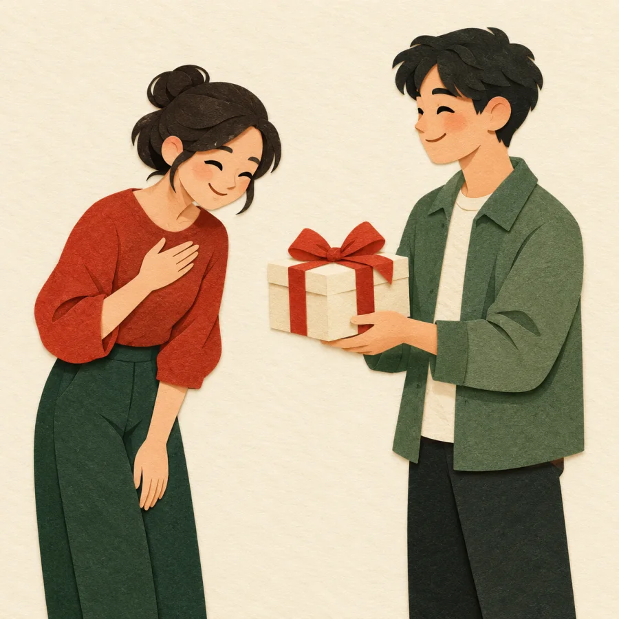 A person bows to a friend who holds out a gift