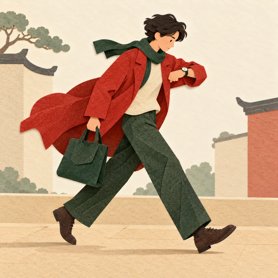 A person hurries along a street with a bag, checking a watch