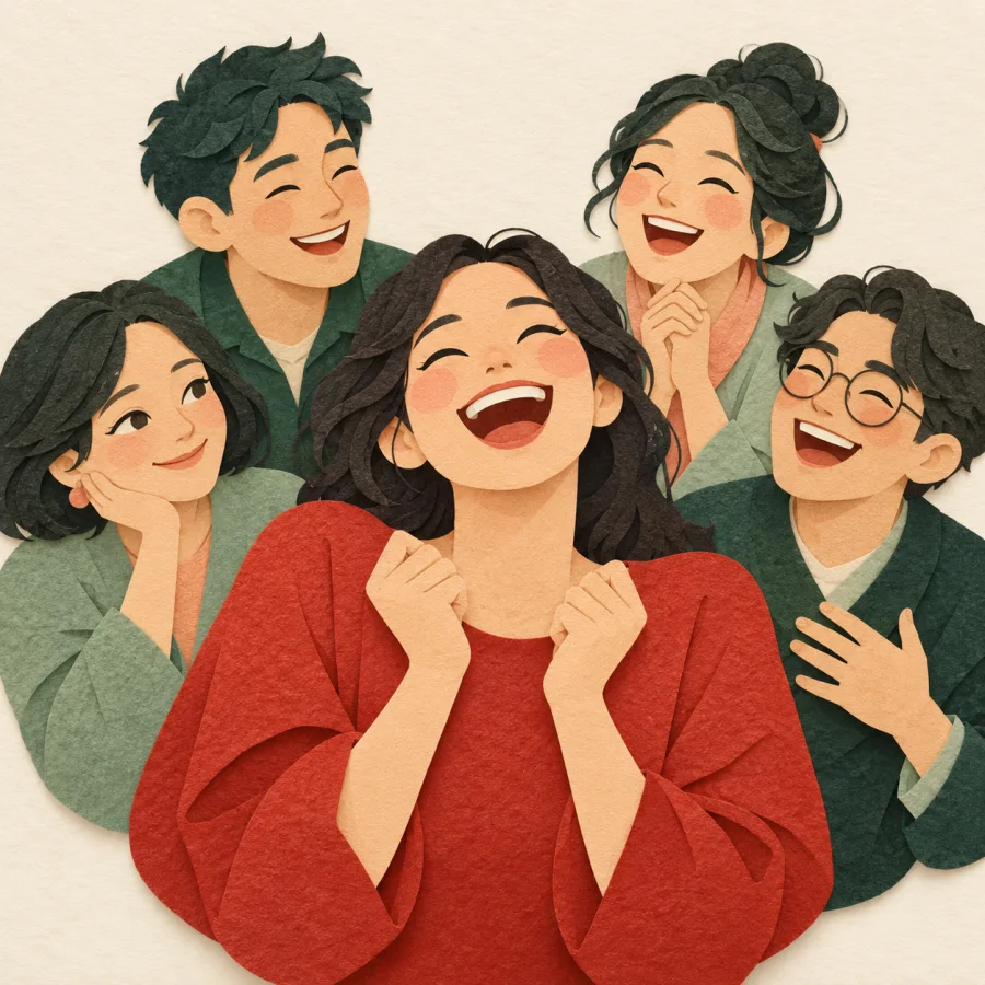 A laughing person with others around also laughing