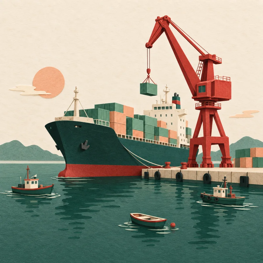 A cargo ship at a dock beside a red crane