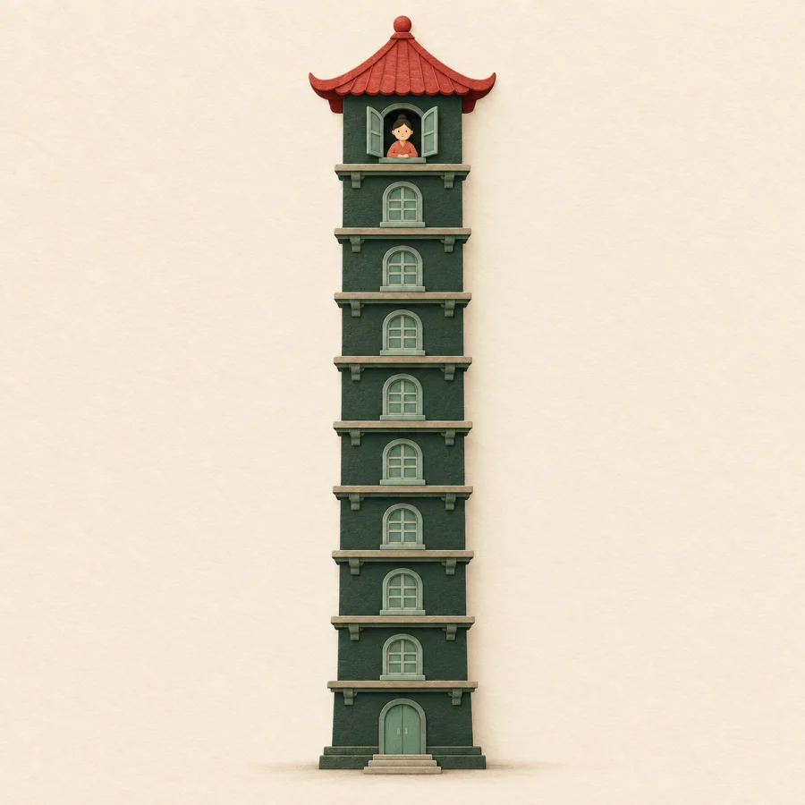 A person looks out of a window at the top of a tall tower