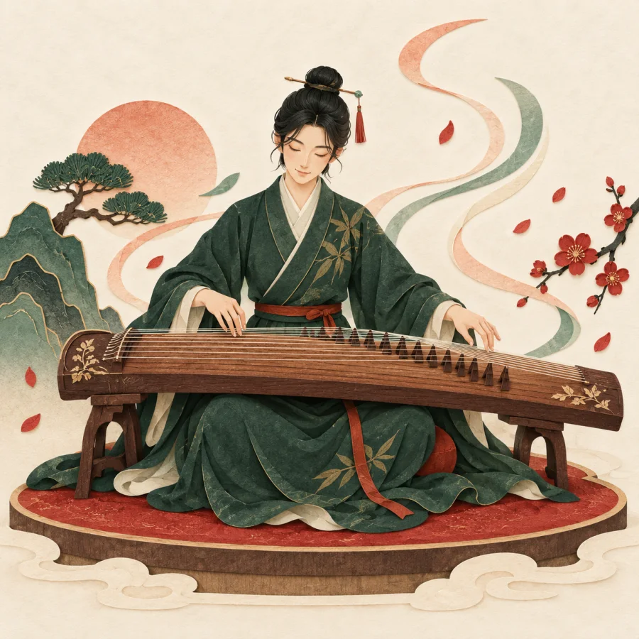 A musician gracefully plays a zither with music swirling around
