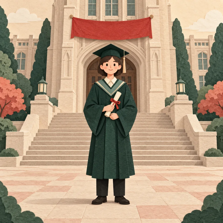 A graduate in gown and cap in front of a university building