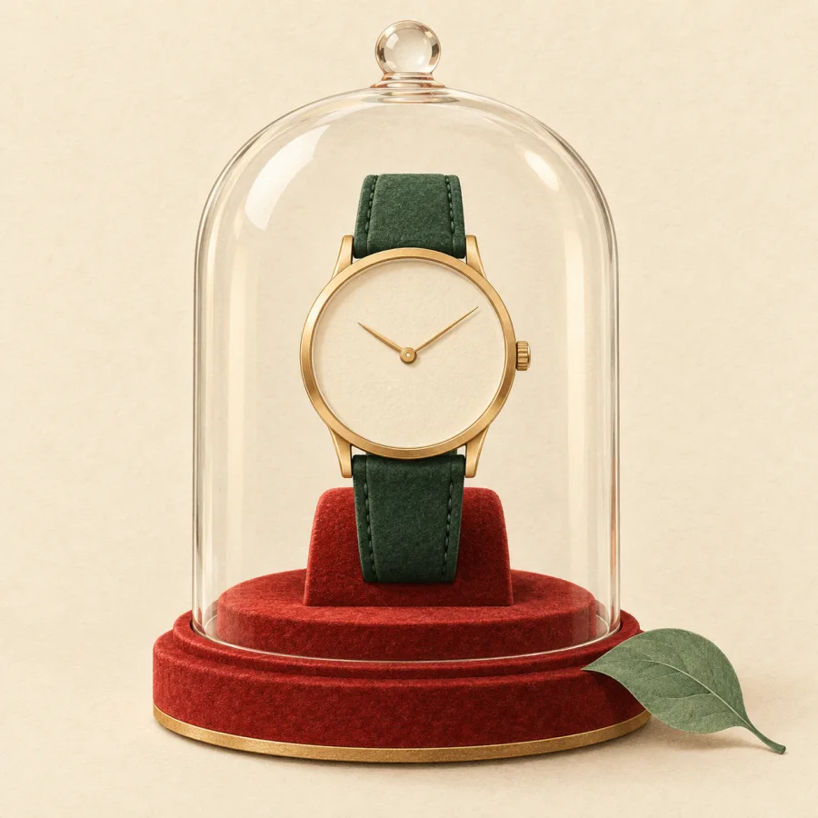 An elegant watch on a red velvet stand under a glass dome