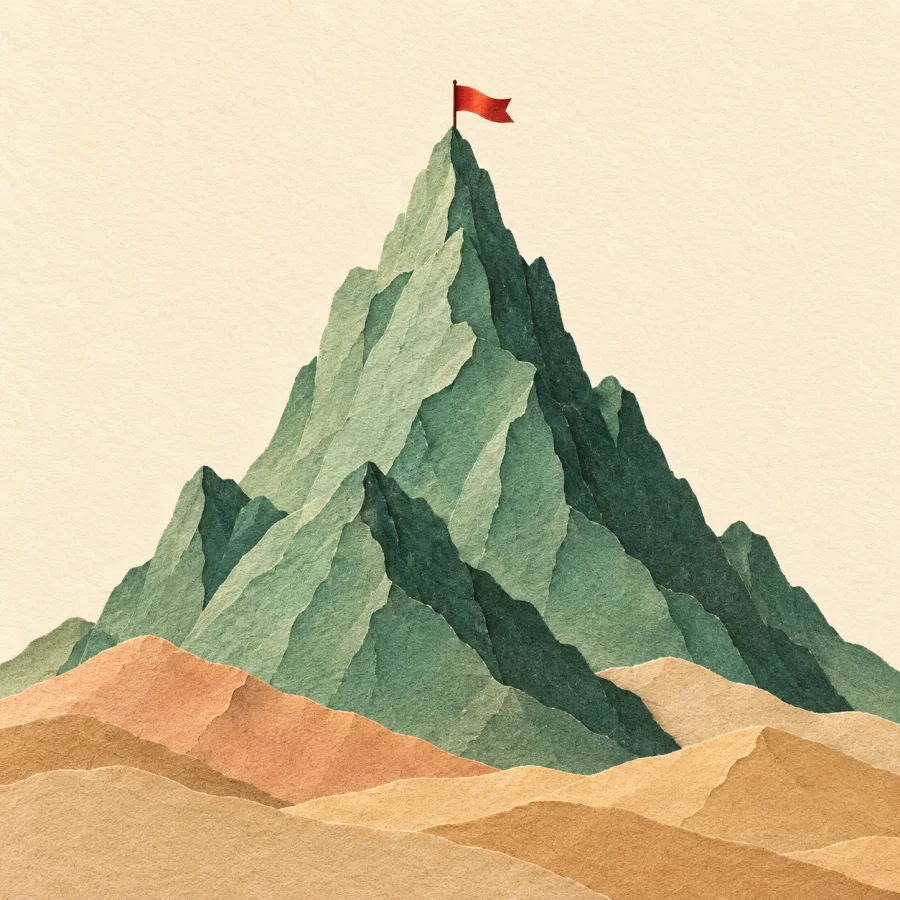 A tall mountain with a small red flag on top