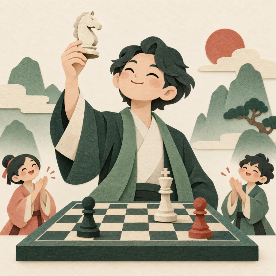 A person lifting a chess piece at a board while onlookers clap