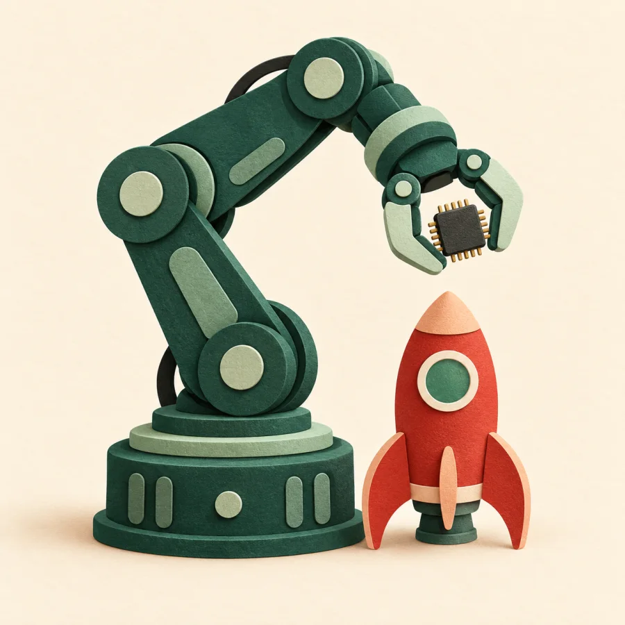 A green robot arm holds a microchip beside a red rocket