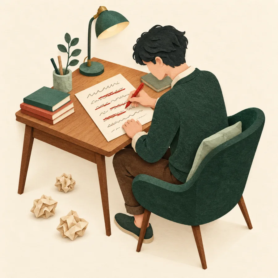 A person crosses out lines on a page among crumpled paper balls