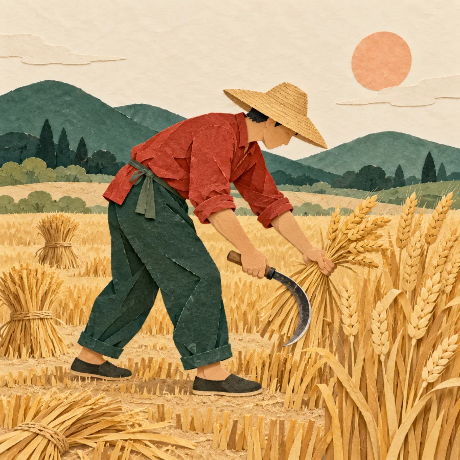A farmer cuts golden wheat in a field with a sickle