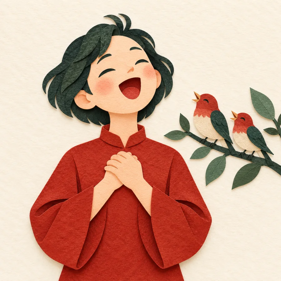 A joyful person sings beside small birds on a branch
