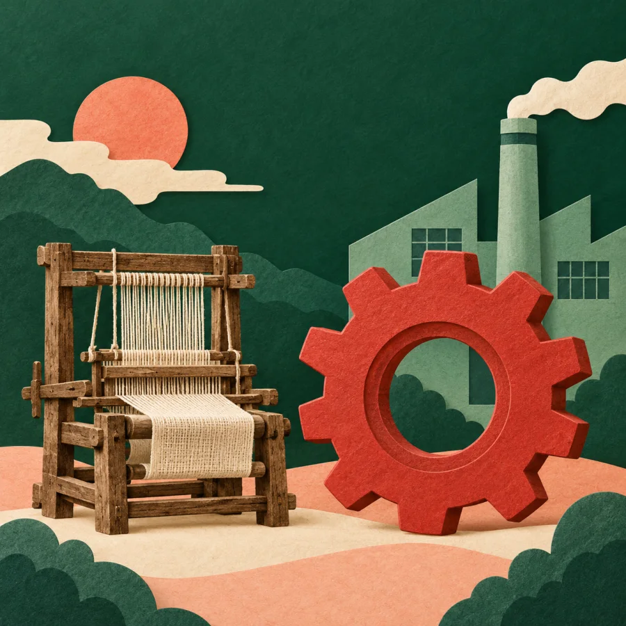 An old hand loom beside a big factory and a gear