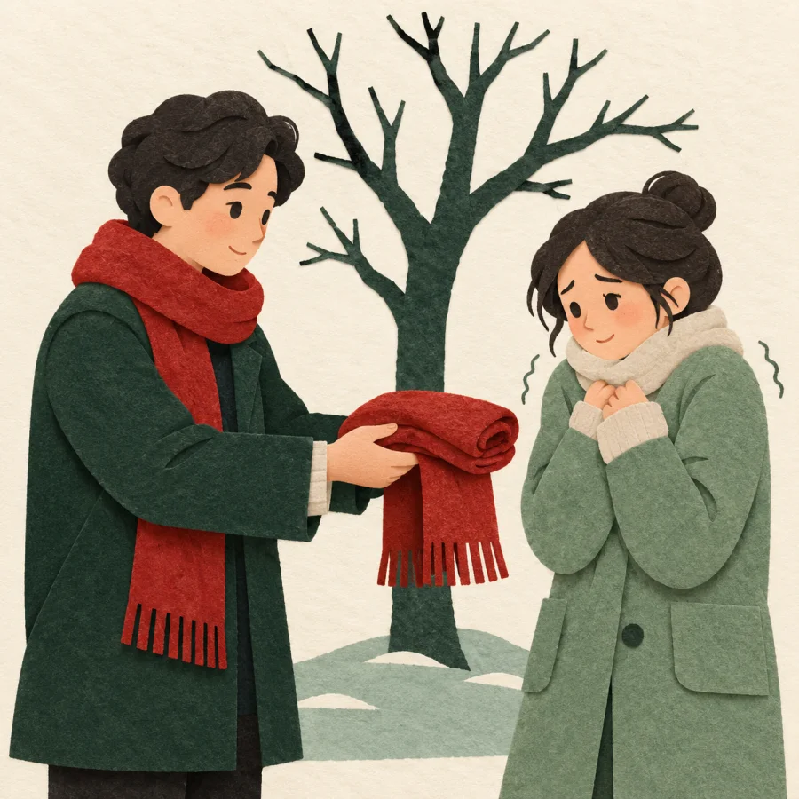 One person hands a warm scarf to another