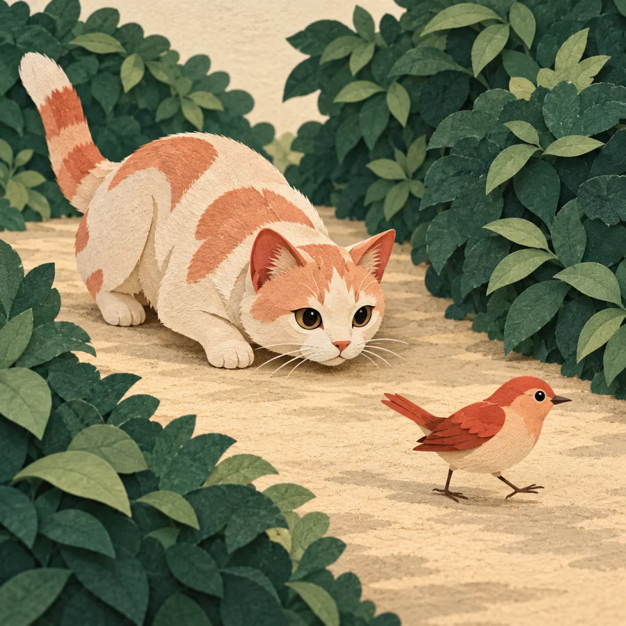 A cat quietly creeps after a small bird along a garden path