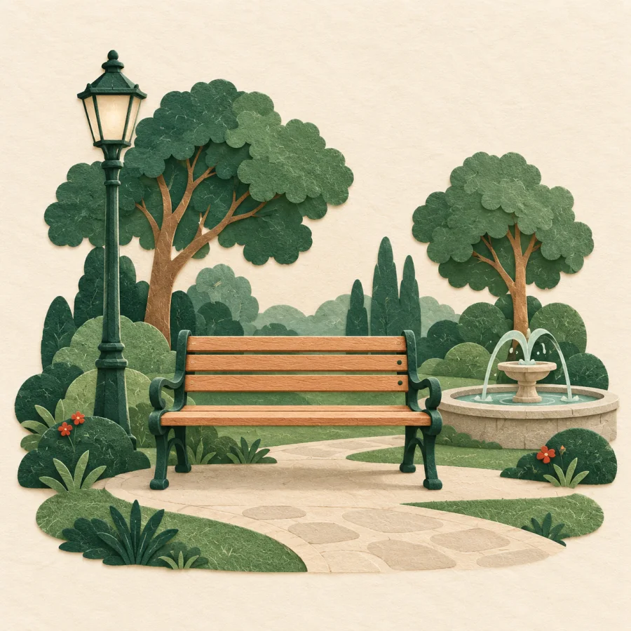 An empty bench in a park beside a fountain