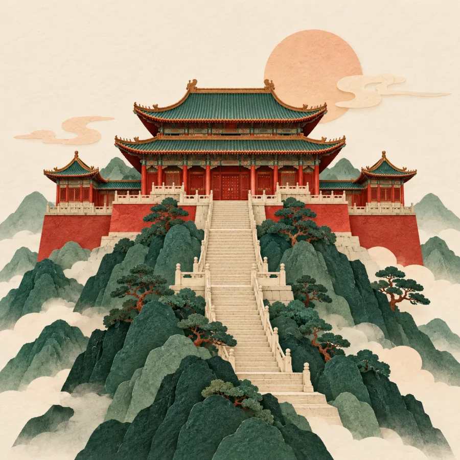 A red palace with a curved roof on a mountainside