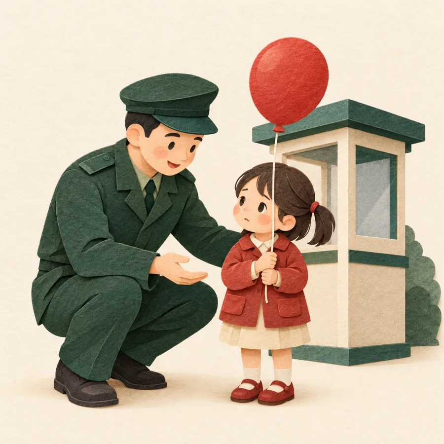 A police officer by a booth helps a lost child