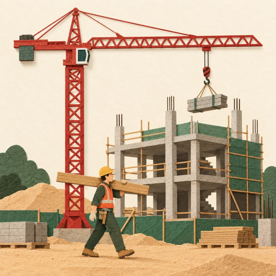 Workers in hard hats and a crane at a building site