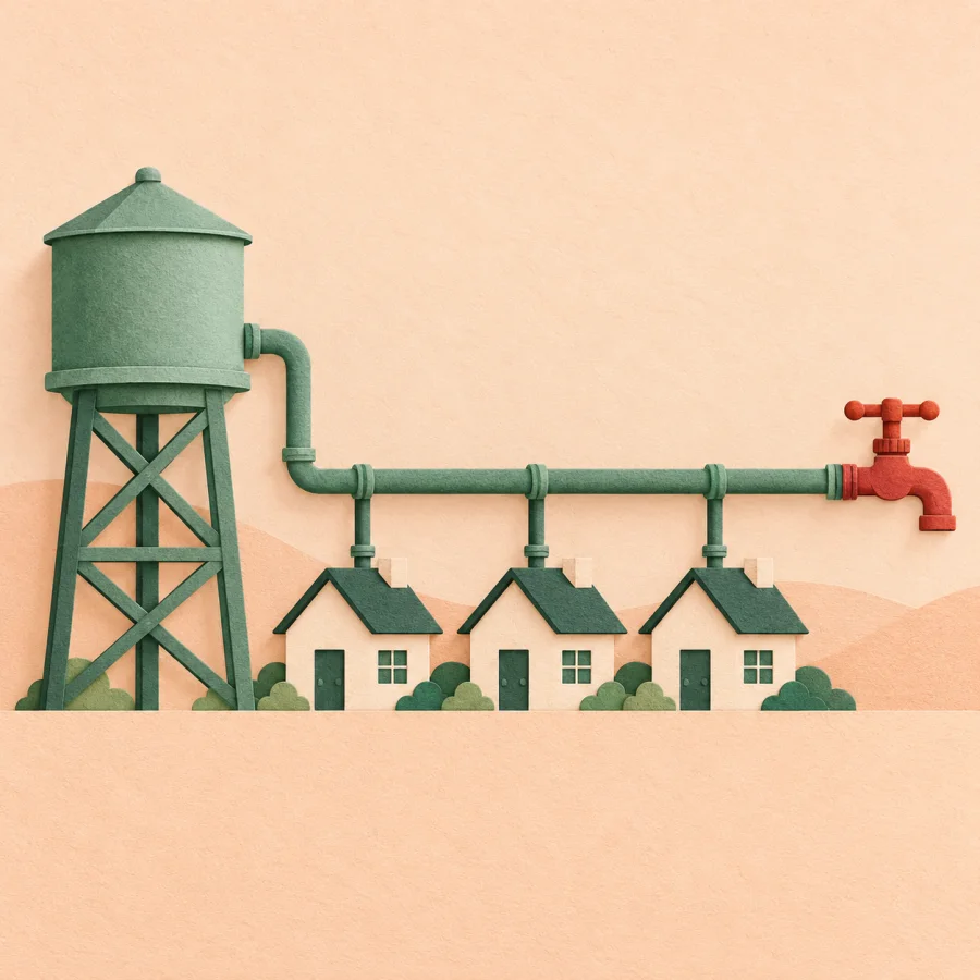 A water tower supplies houses through a pipe